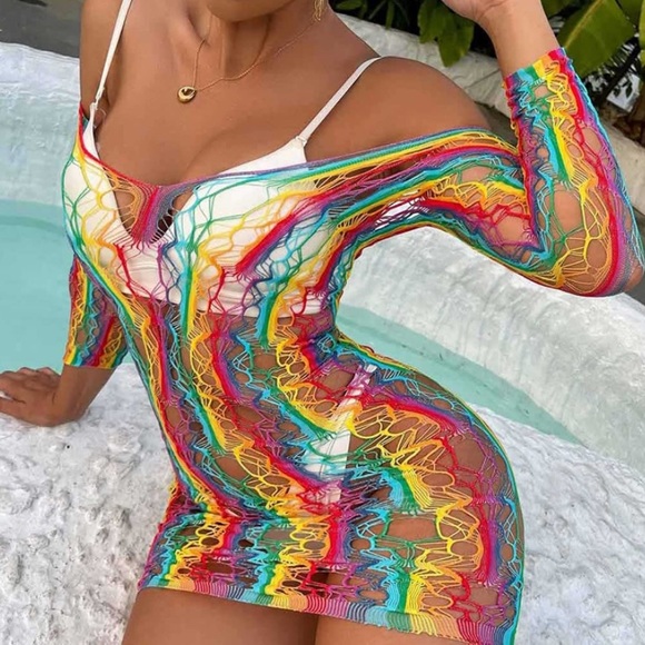 Rainbow Lace Mesh Long-sleeve Fishnet Dress - Picture 2 of 7